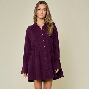 PLUM SOLID SHIRT DRESS WITH PLEATS